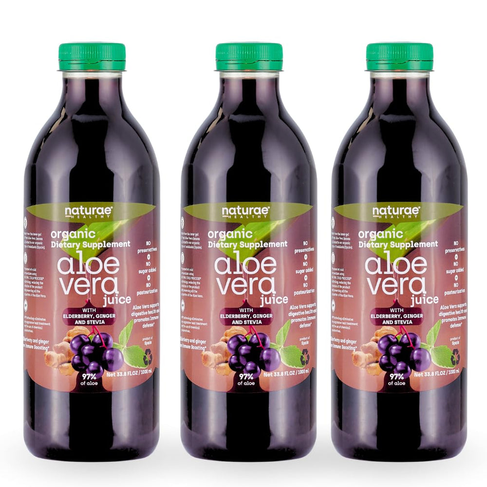 Naturae Healthy Aloe Vera Juice bottle with elderberry for digestive balance.
