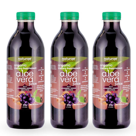 Naturae Healthy Aloe Vera Juice bottle with elderberry for digestive balance.