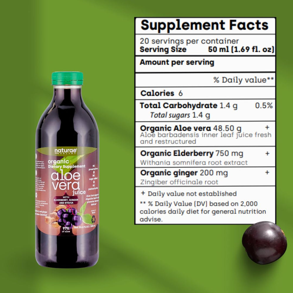 Naturae Aloe Vera Juice bottle close-up showing natural ingredients and visible pulp.