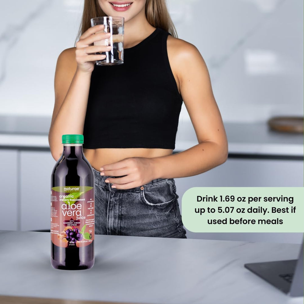 Naturae juice poured over ice highlighting plant-based, smooth taste.