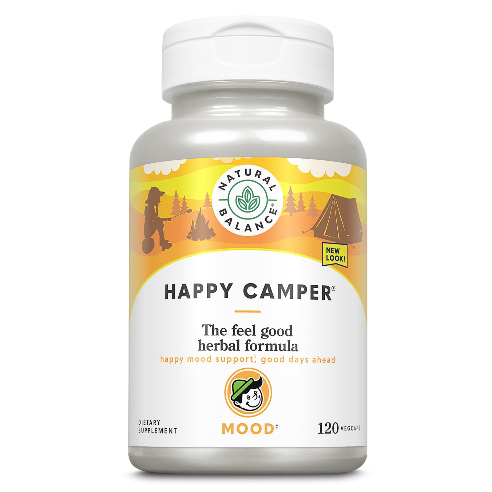 Natural Balance Happy Camper bottle with mood-support capsules for daily use.