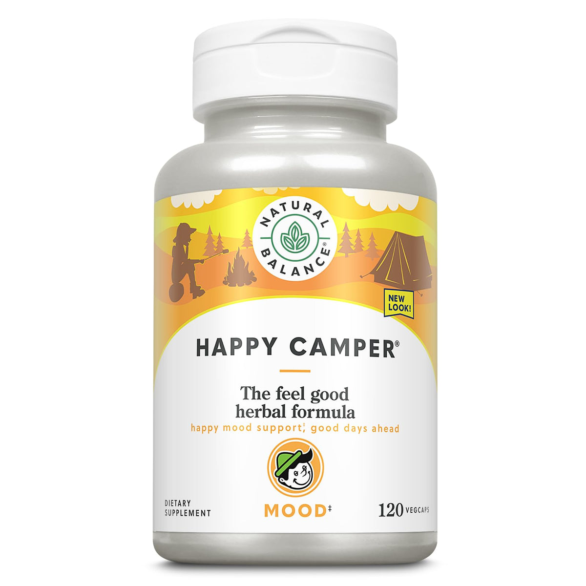 Natural Balance Happy Camper bottle with mood-support capsules for daily use.