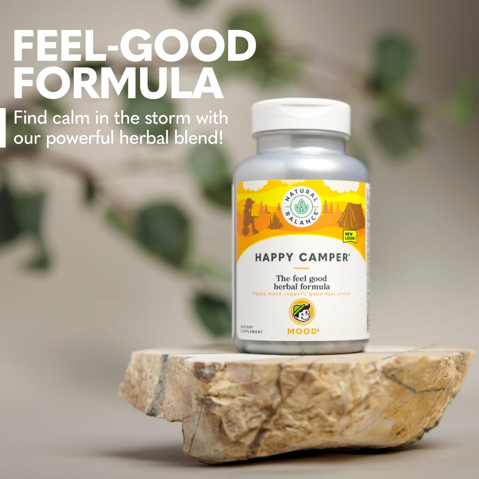 Natural Balance Happy Camper label closeup highlighting herbal ingredients.