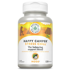 Natural Balance Happy Camper Stress Breaker bottle showing 120 vegan capsules for daily calm support.