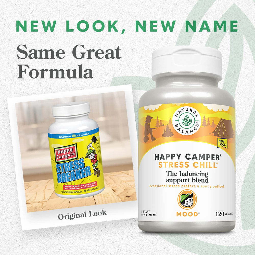 Happy Camper capsules ready to take with meals for on-the-go stress support.