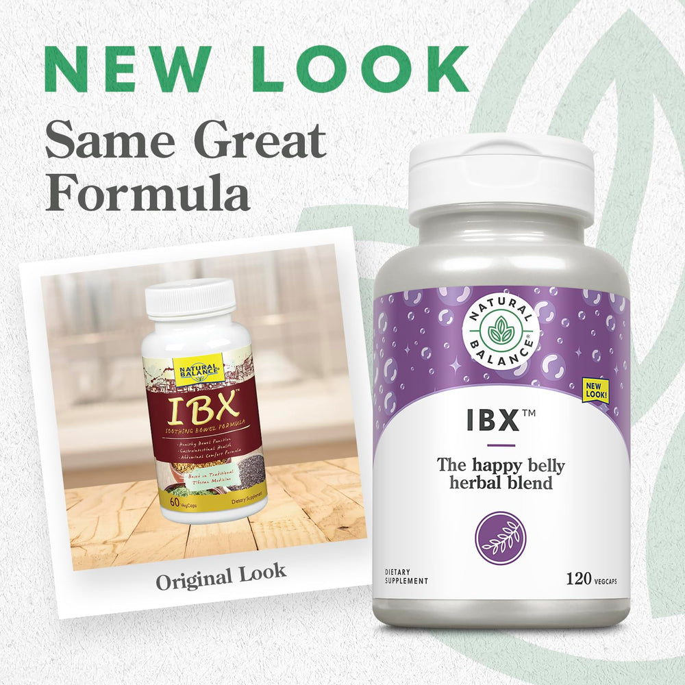 Natural Balance IBX capsules closeup, featuring plant-based ingredients for gentle relief