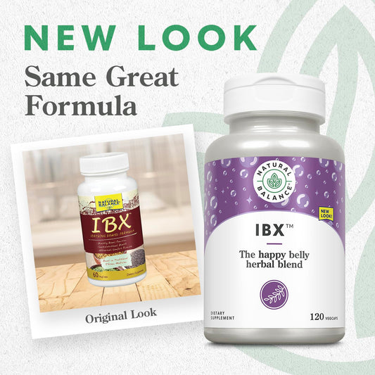 Natural Balance IBX capsules closeup, featuring plant-based ingredients for gentle relief