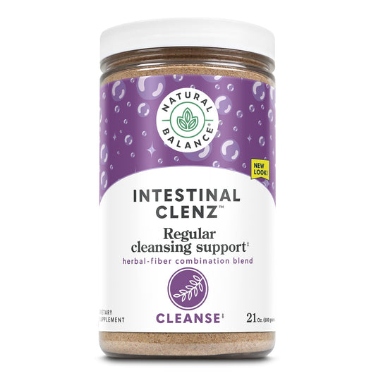 Natural Balance Intestinal Clenz bottle pour, showing daily detox and regularity support.