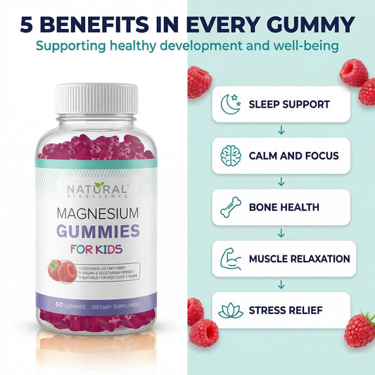 Natural BioScience Calm Kids gummies closeup highlighting sugar-free magnesium chews