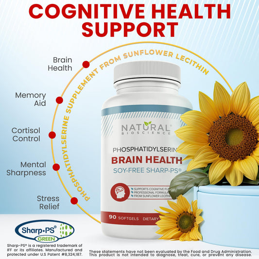 PS100 softgel capsules close-up, highlighting 100 mg phosphatidylserine for cognitive support