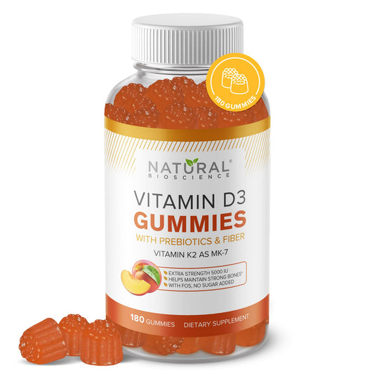 Natural BioScience sugar-free vitamin D3 K2 gummies bottle label promotes bone support.