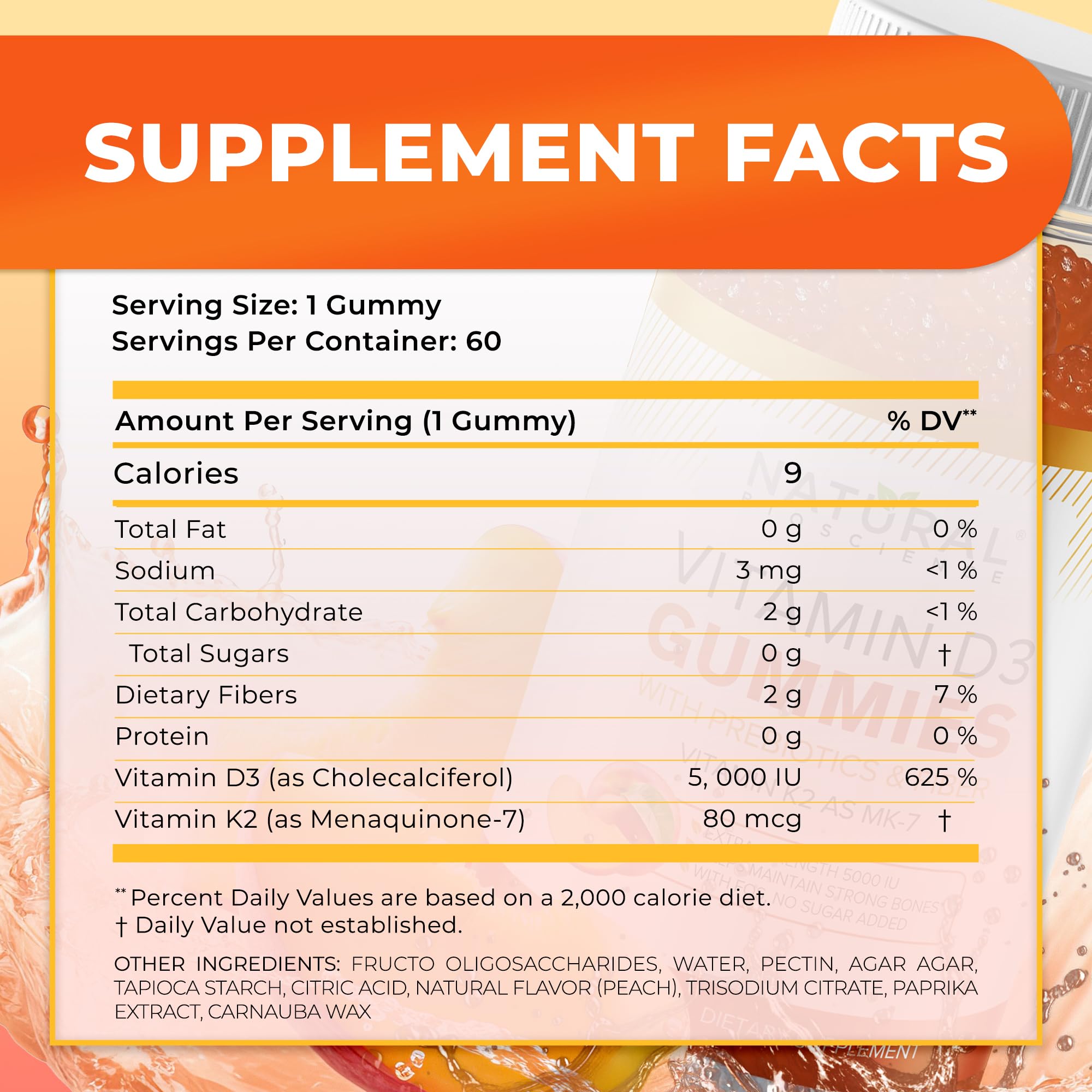 Natural BioScience sugar-free vitamin D3 K2 gummies peach flavor close-up suggests tasty daily use.