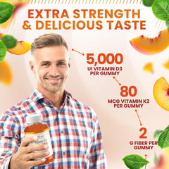 Natural BioScience sugar-free vitamin D3 K2 gummies with water pairing demonstrates easy daily habit.