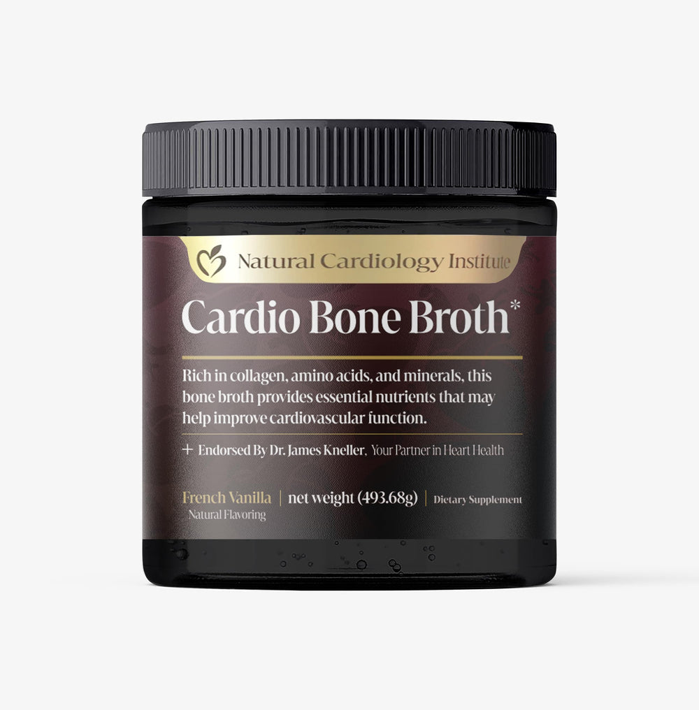 Natural Cardiology Institute Cardio Bone Broth vanilla powder tub illustrates heart-friendly nutrition