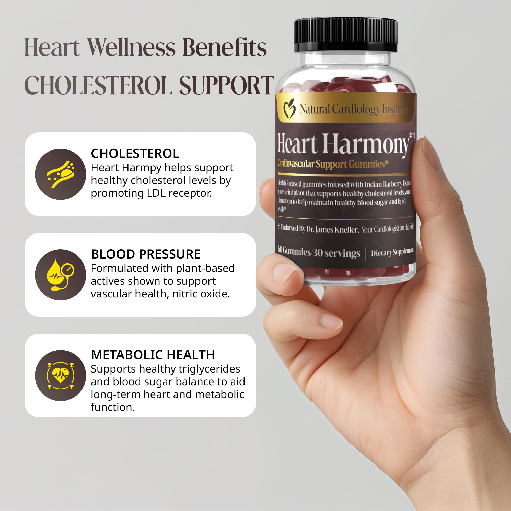 Heart Harmony bottle packaging emphasizes cinnamon and berberine formula for metabolic support.