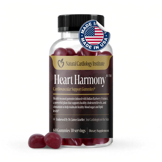 Natural Cardiology Institute Heart Harmony gummies label highlights berberine and cinnamon benefits for daily wellness.