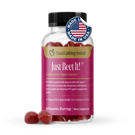 Natural Cardiology Institute Just Beet It gummies in a jar support daily circulation.
