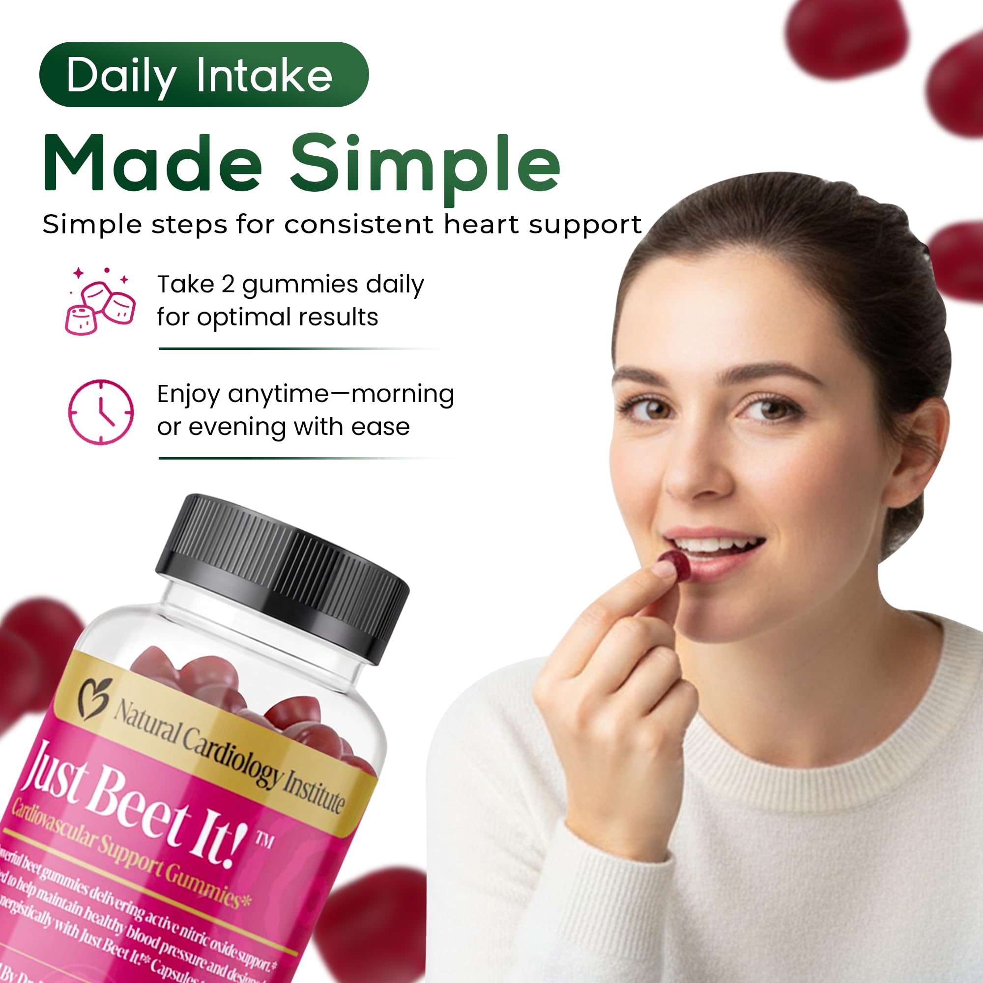 Natural Cardiology Institute Just Beet It gummies highlight CoQ10 with grape seed extract.