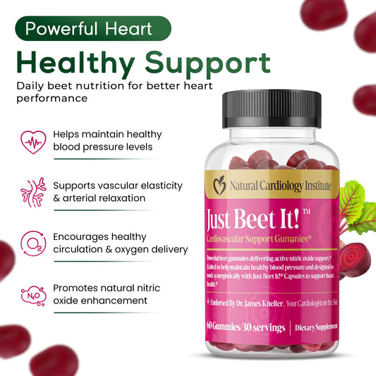 Just Beet It label close-up shows 30:1 beet concentrate and CoQ10.
