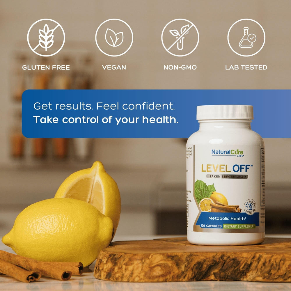 Natural Cure Labs Level Off capsules closeup shows easy to swallow capsules