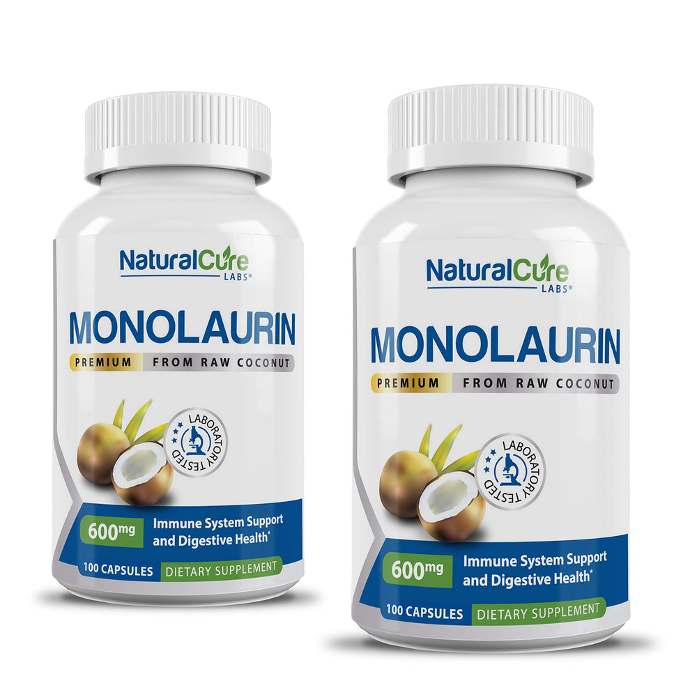 Natural Cure Labs monolaurin 600mg bottle closeup shows vegan clean-label capsules