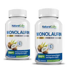 Natural Cure Labs monolaurin 600mg bottle closeup shows vegan clean-label capsules