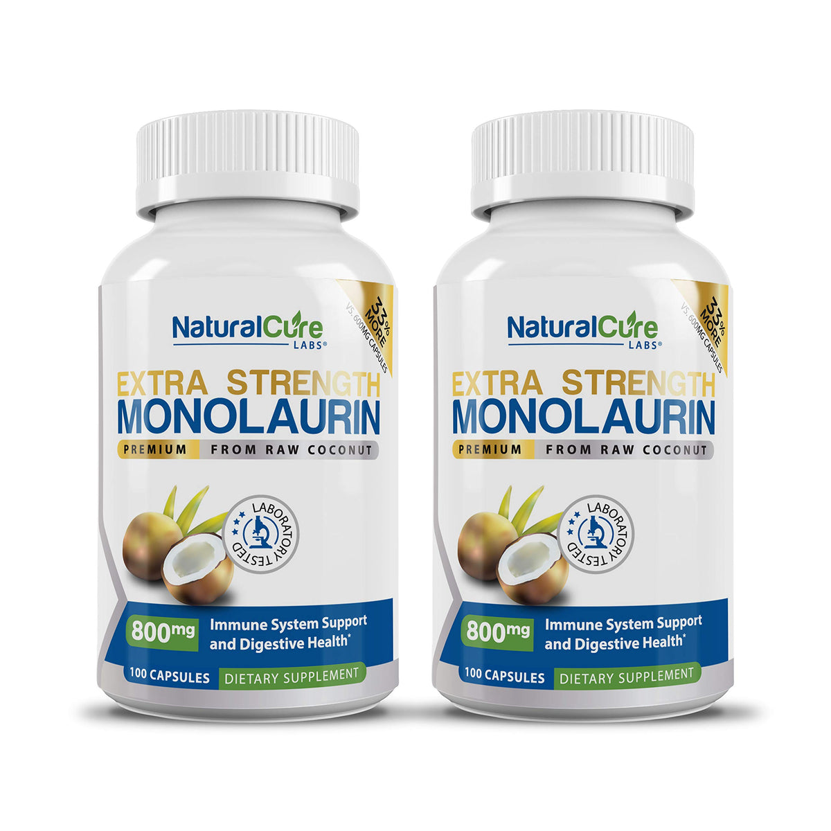 Natural Cure Labs Monolaurin 800mg bottle front, vegan and non-GMO.