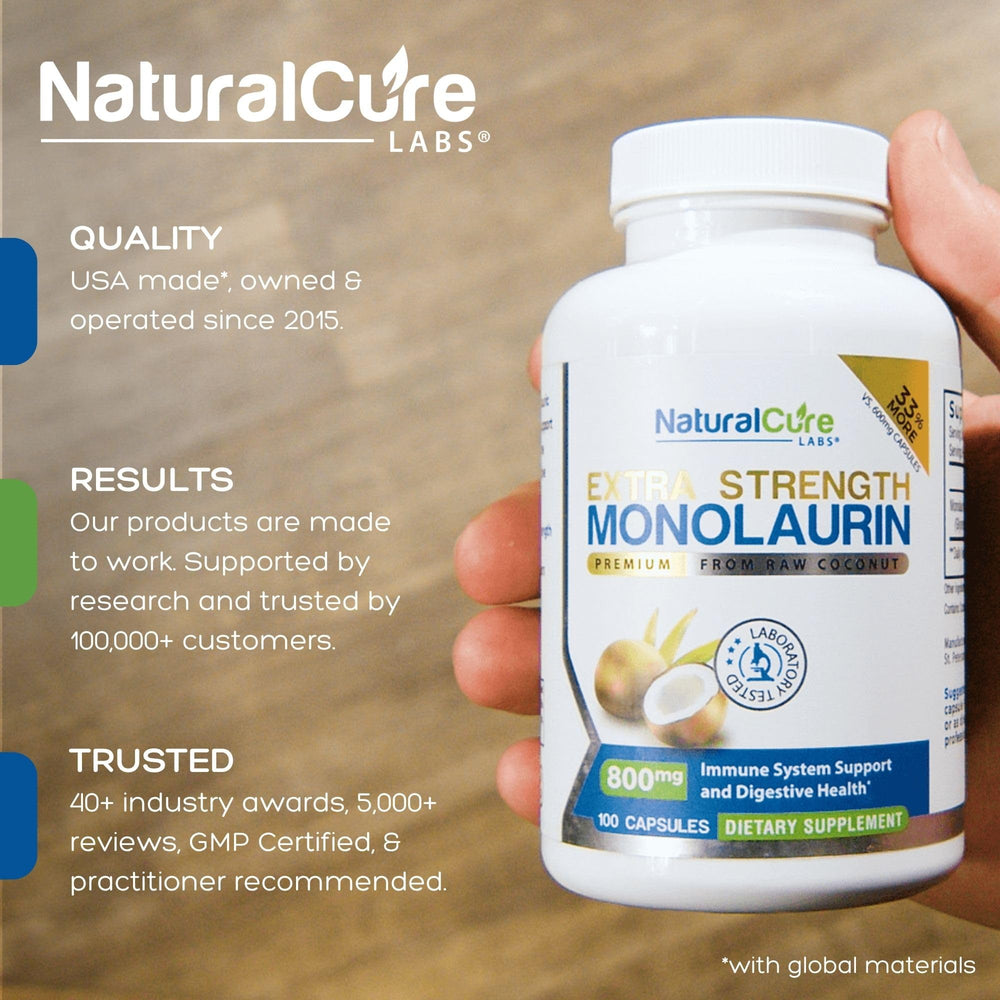 Natural Cure Labs Monolaurin 800mg capsules close-up, showcasing 2-pack value.