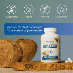 Natural Cure Labs Monolaurin 800mg on label, highlighting vegan, gluten-free, non-GMO attributes.