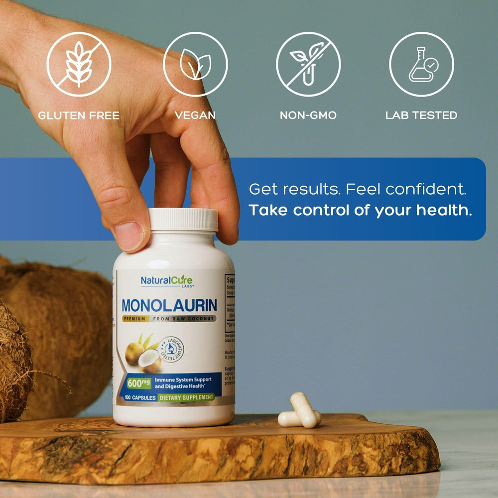 Natural Cure Labs premium monolaurin capsules on white surface for daily use
