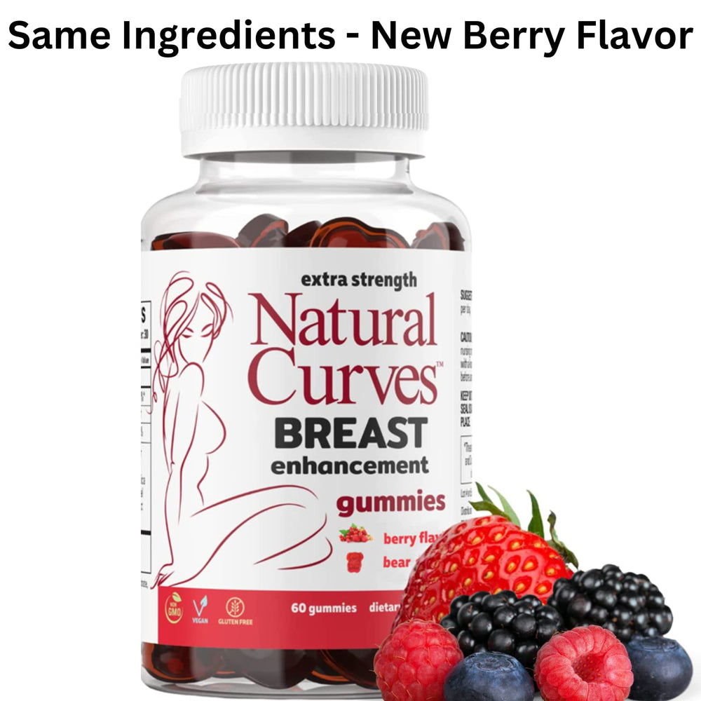 Natural Curves gummies packaging highlights vegan plant-based formula for gentle, natural-support wellness.