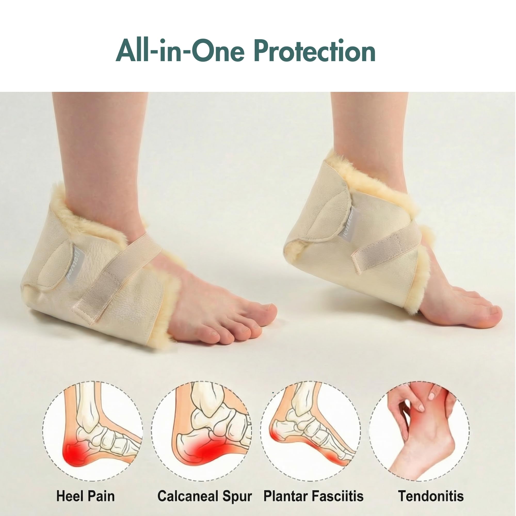 Natural Design heel protectors closeup wool highlights dense sheepskin for comfort.