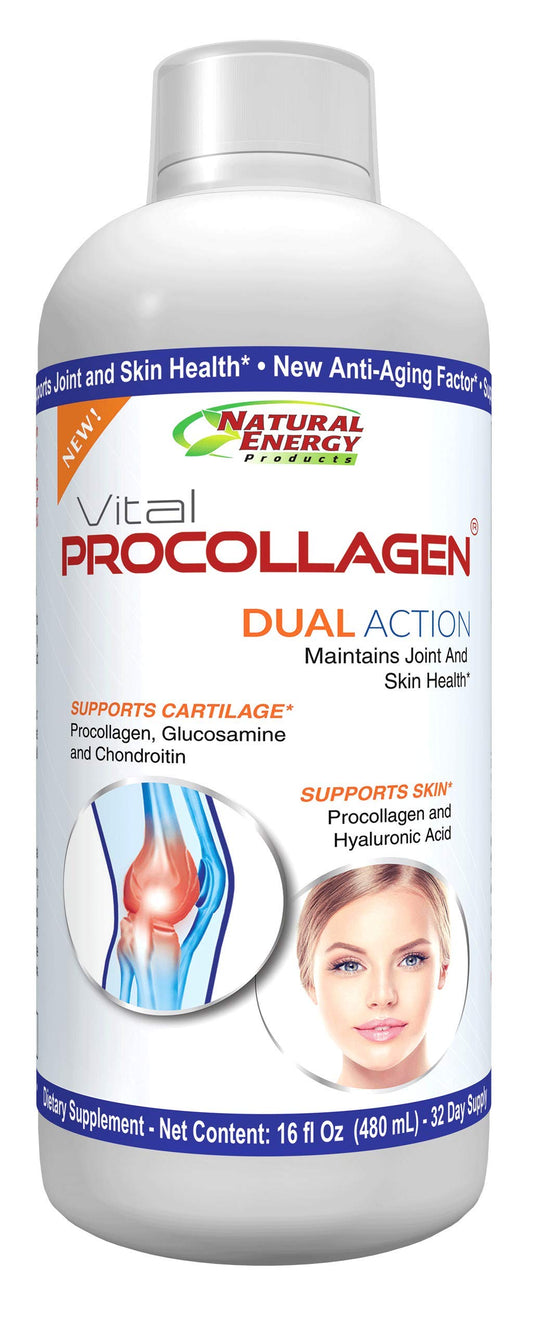 Natural Energy Vital Procollagen bottle pouring into a glass for nightly skin support.