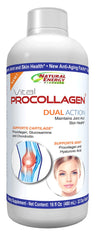 Natural Energy Vital Procollagen bottle pouring into a glass for nightly skin support.