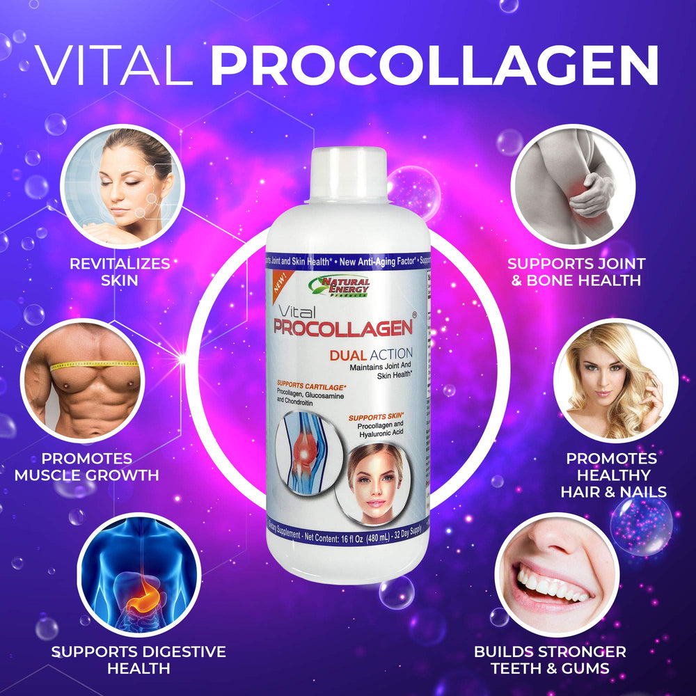 Natural Energy Vital Procollagen bottle with measuring cup on cap shows exact dosage.