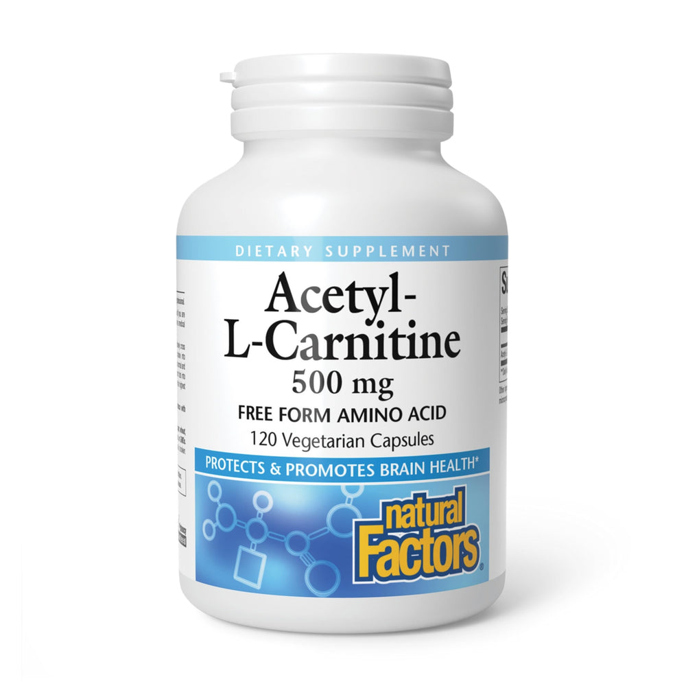 Natural Factors Acetyl L-Carnitine 500 mg bottle for energy and focus on the go.