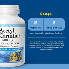 Natural Factors Acetyl L-Carnitine 500 mg label closeup highlighting energy support.