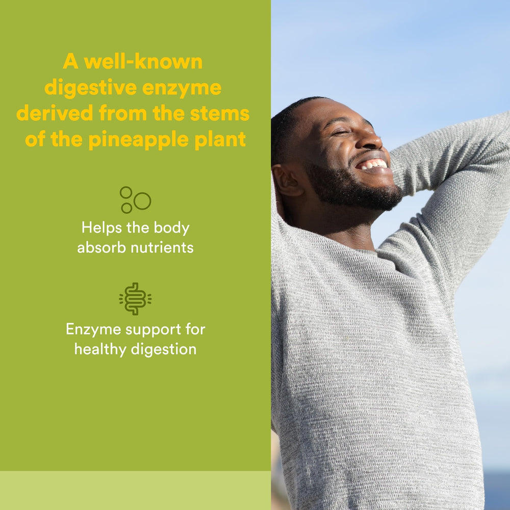 Natural Factors Bromelain capsules closeup showing extra-strength enzyme for meals.