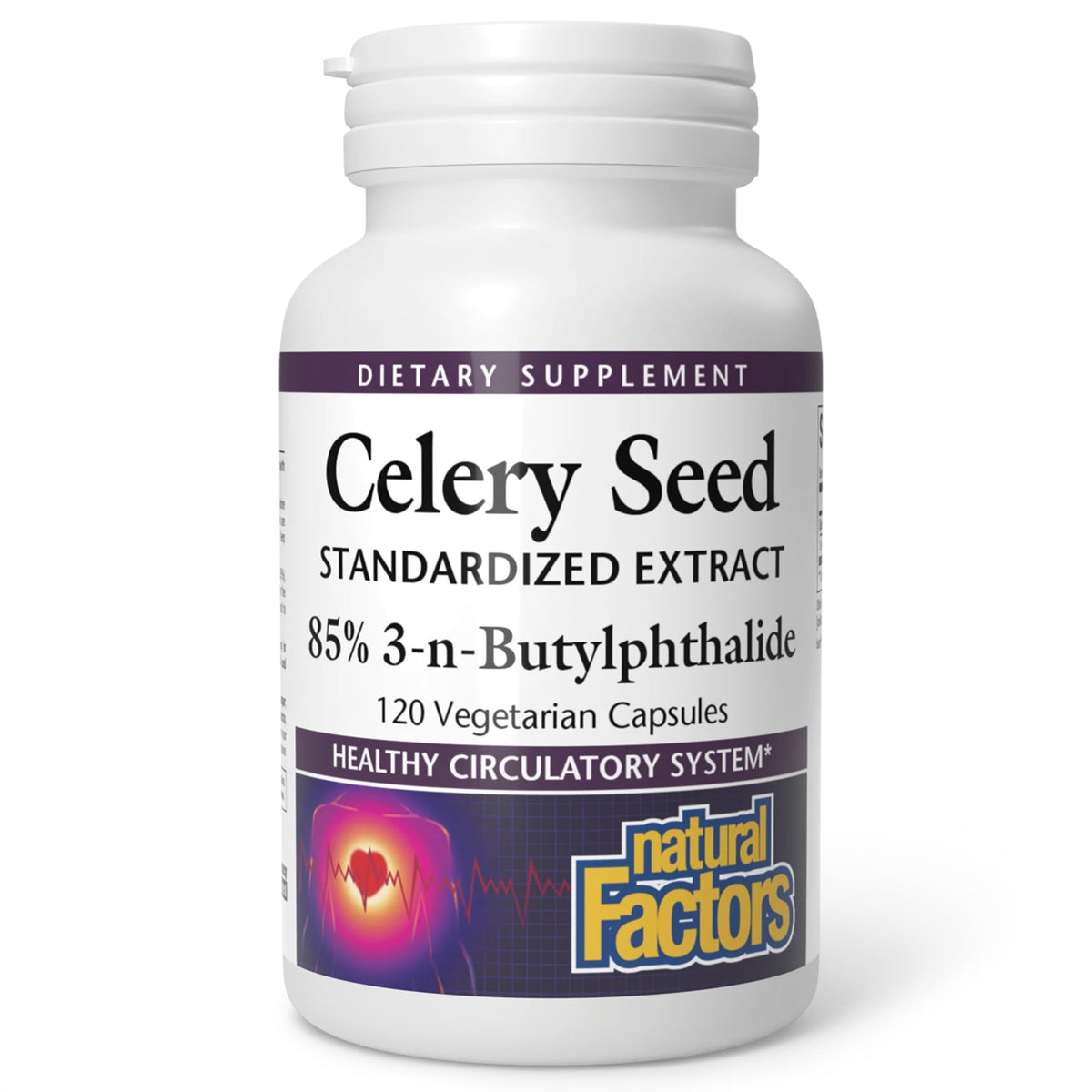 Natural Factors Celery Seed bottle pour demonstrates easy daily use for circulation support.