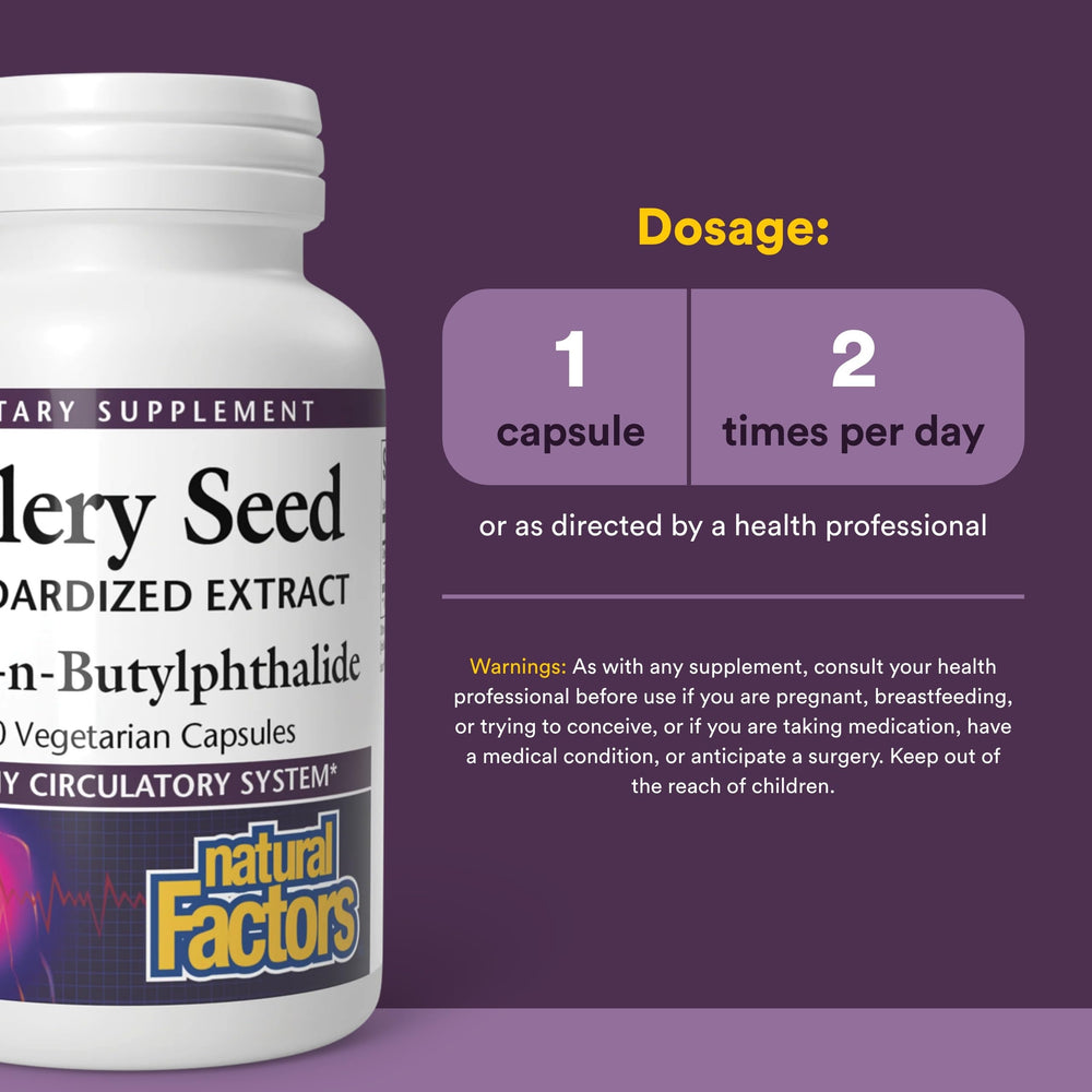 Natural Factors Celery Seed label closeup highlighting 85% 3-n-butylphthalide potency.
