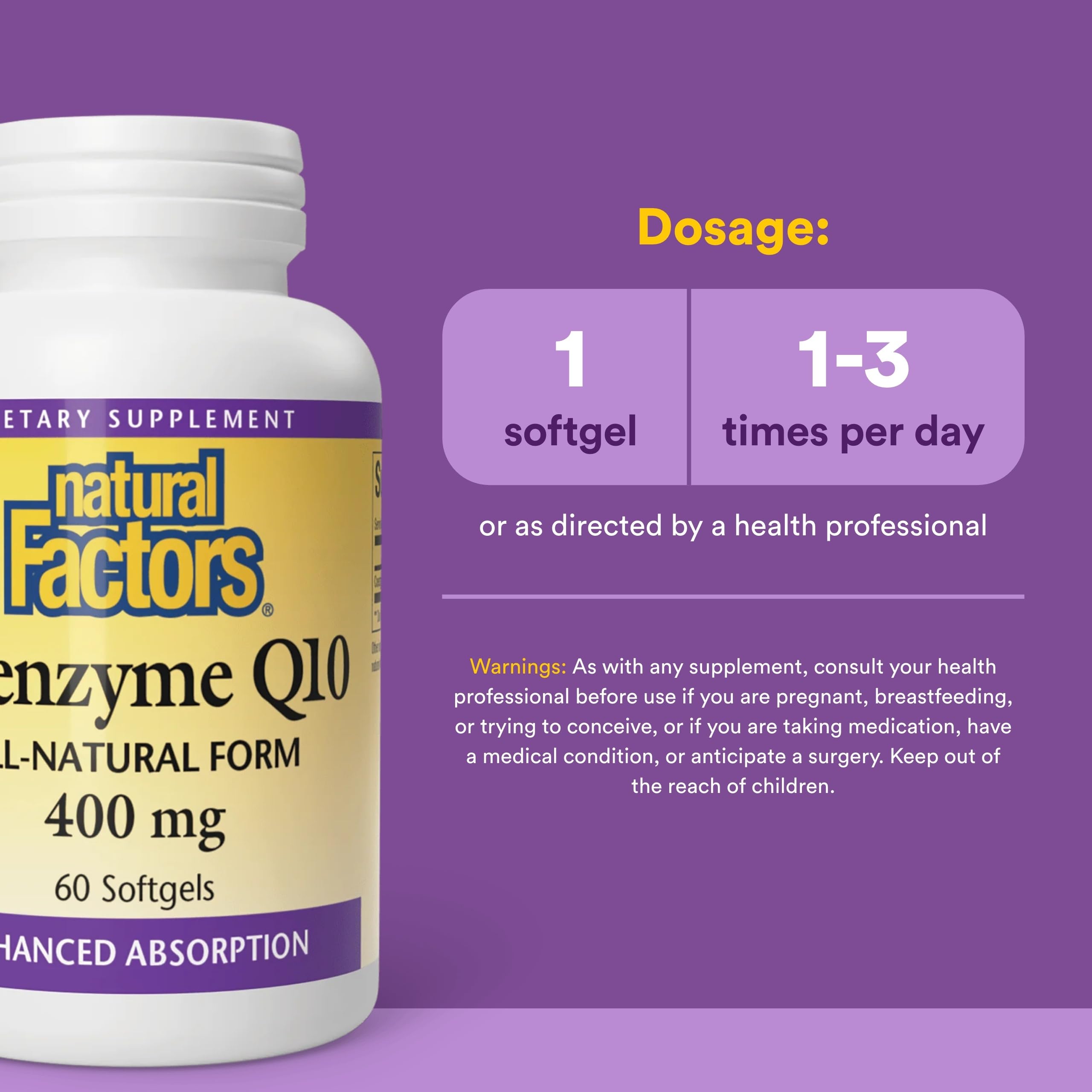 Natural Factors Coenzyme Q10 bottle label closeup highlights high-absorption ubiquinone