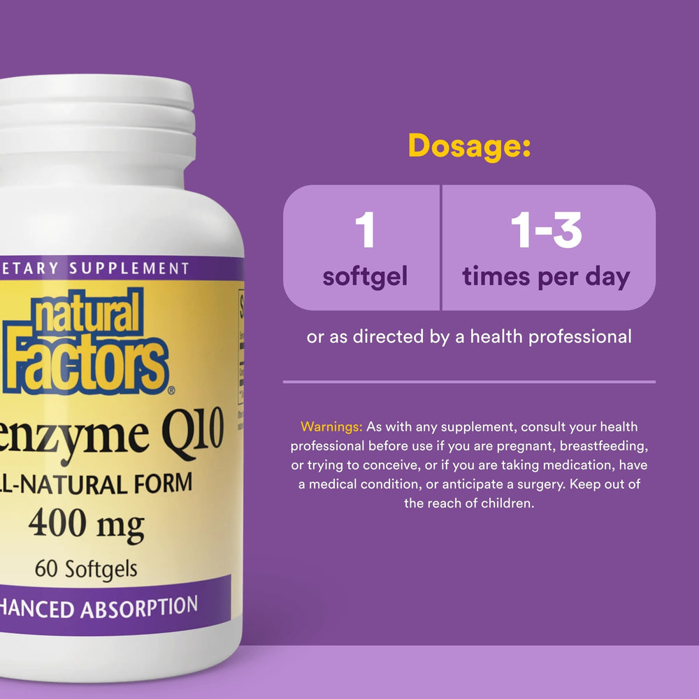 Natural Factors Coenzyme Q10 bottle label closeup highlights high-absorption ubiquinone