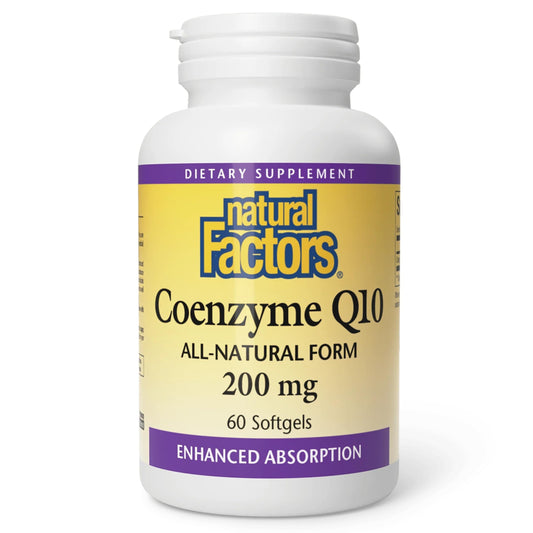 Natural Factors Coenzyme Q10 bottle label emphasizes high-absorption ubiquinone for better bioavailability