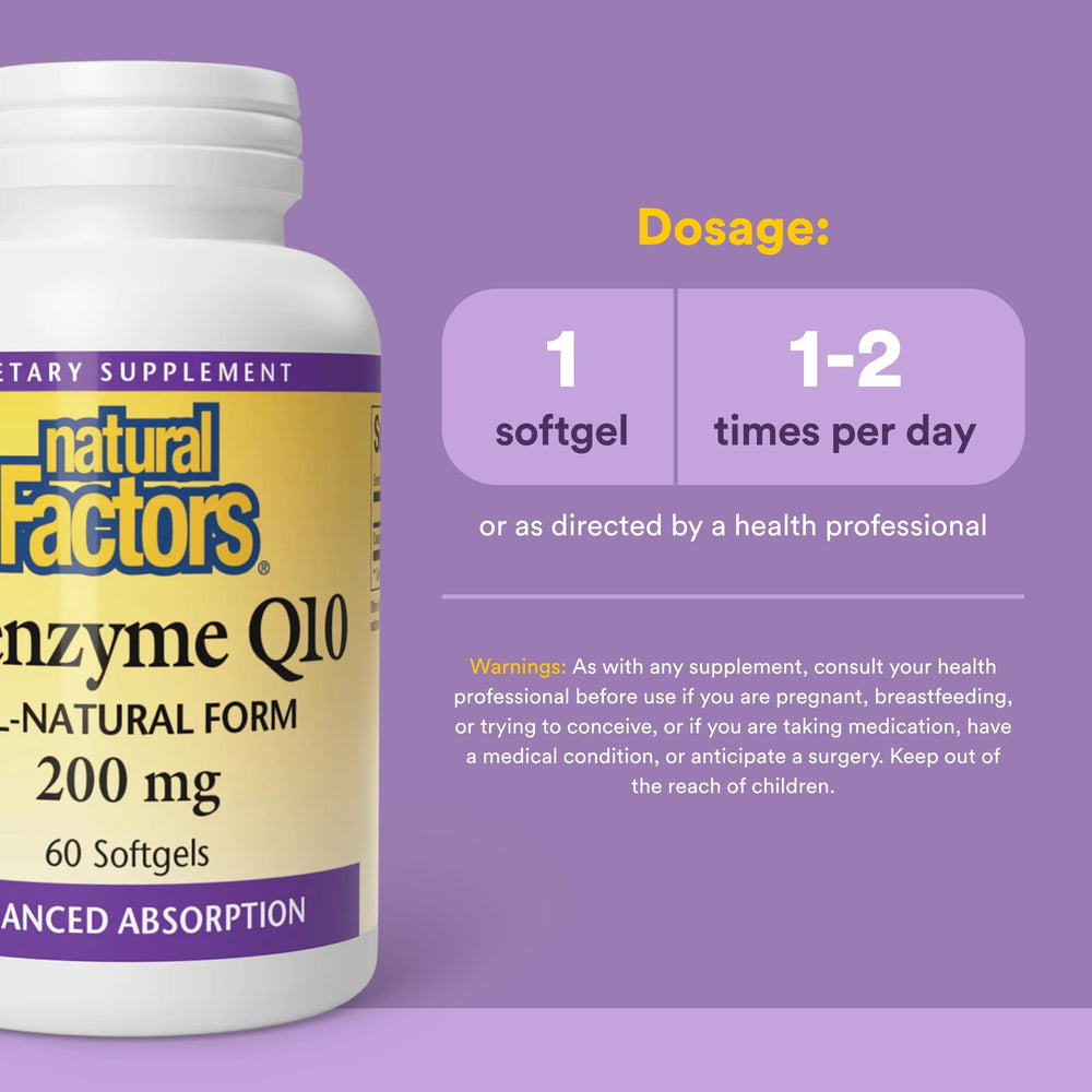 Natural Factors Coenzyme Q10 bottle pour demonstrates daily dosage convenience