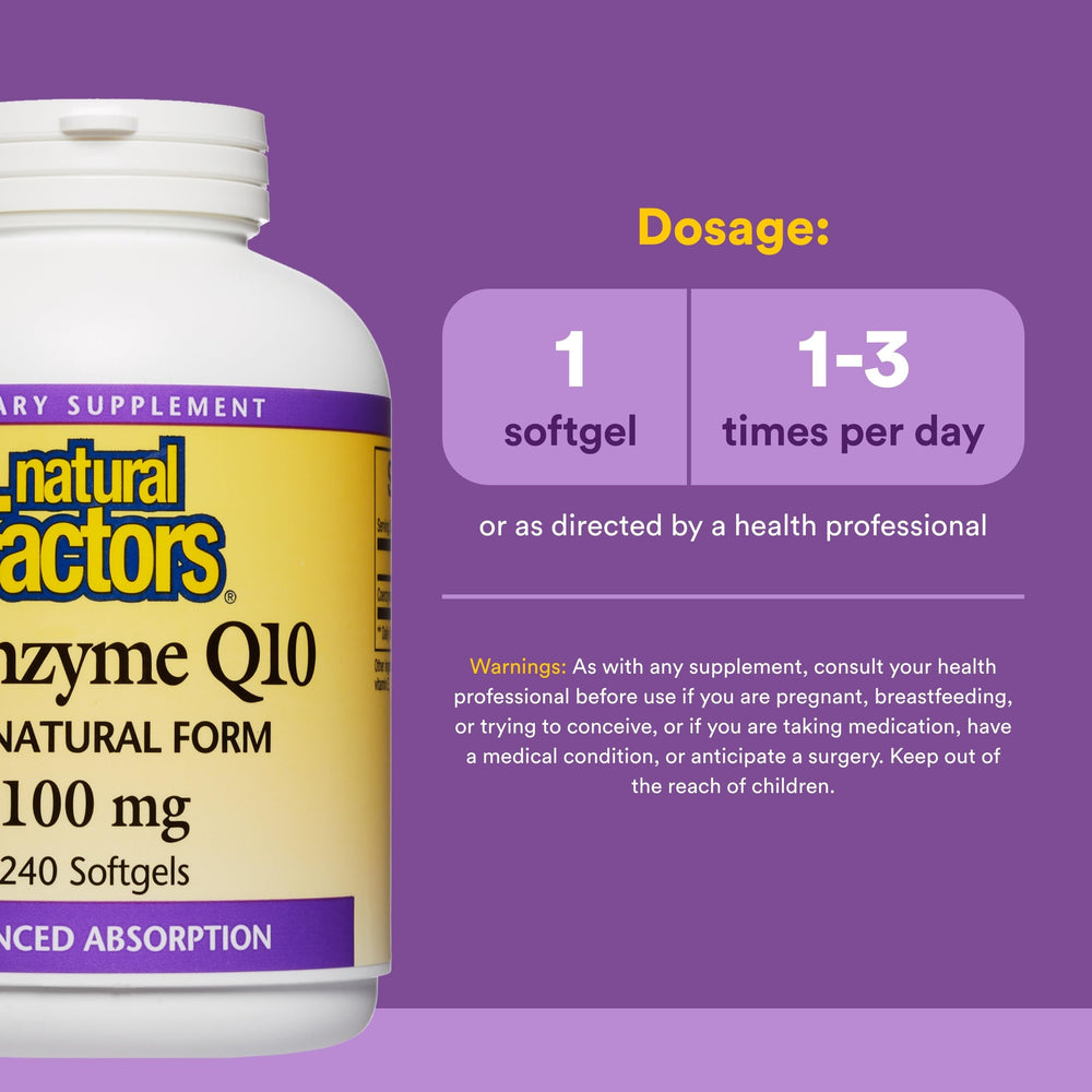 Natural Factors CoQ10 label closeup highlighting high-absorption formula