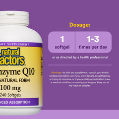 Natural Factors CoQ10 label closeup highlighting high-absorption formula