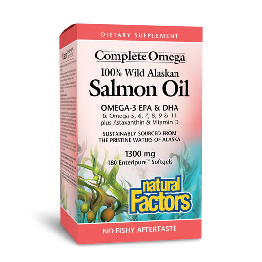 Natural Factors Complete Omega bottle with wild Alaskan salmon oil illustrating heart and brain support
