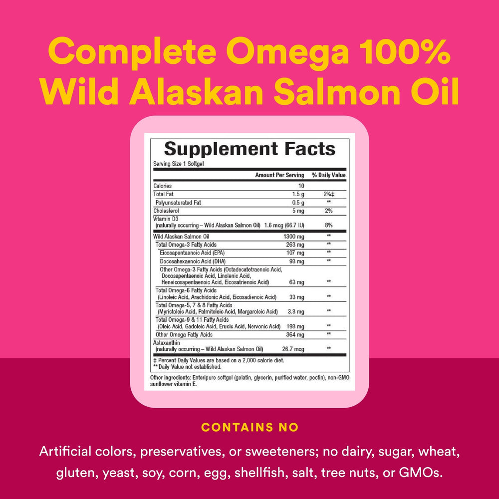 Natural Factors Complete Omega label close-up highlighting Alaska-sourced wild salmon oil