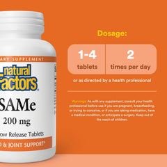 Natural Factors SAMe enteric-coated tablet for stable absorption.