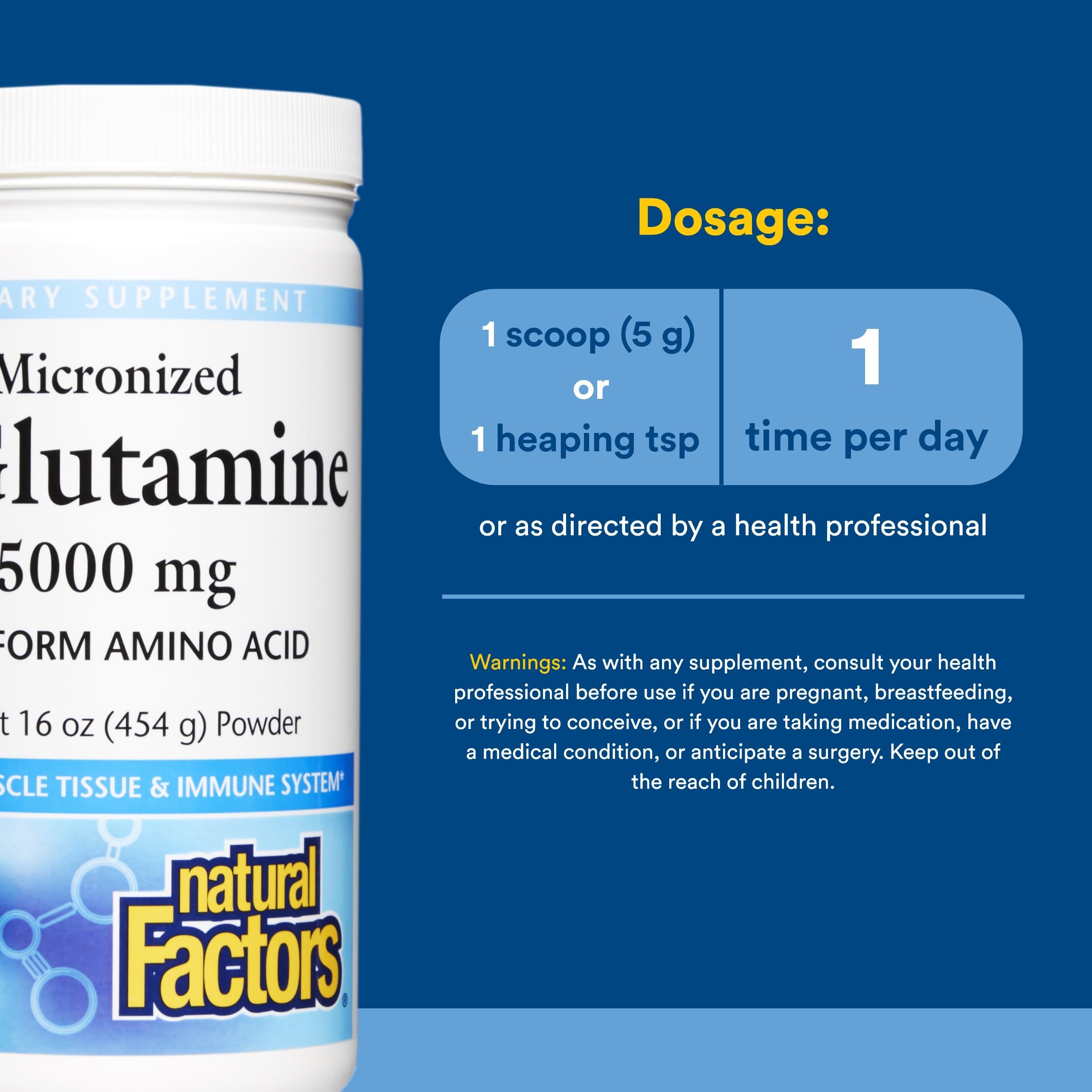 Natural Factors L-Glutamine powder dissolving in water for quick absorption